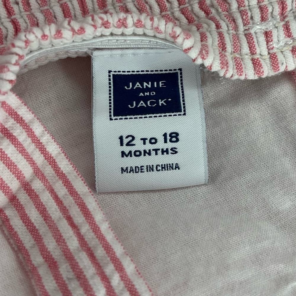 Janie and Jack Pink and White Seer Sucker Striped Smocked Romper Girls 12-18 mo - Picture 8 of 9